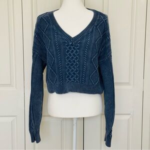Aeropostale Blue Cable Knit V-Neck Cropped Sweater Cotton Blend L